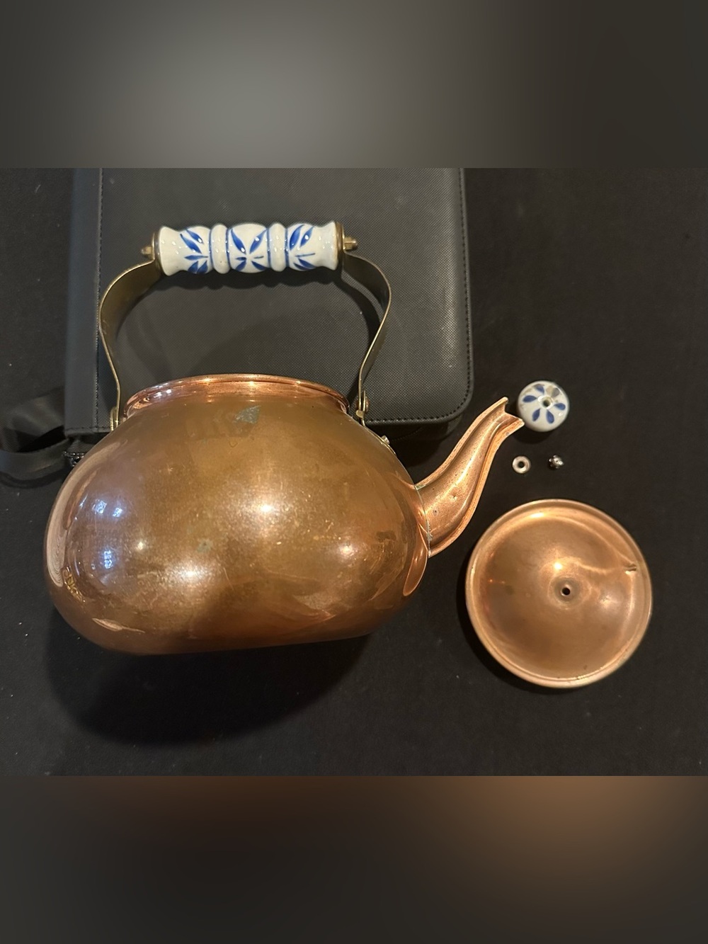 Vintage Copper Stovetop Kettle with Blue & White Handle Farmhouse (Read Desc)